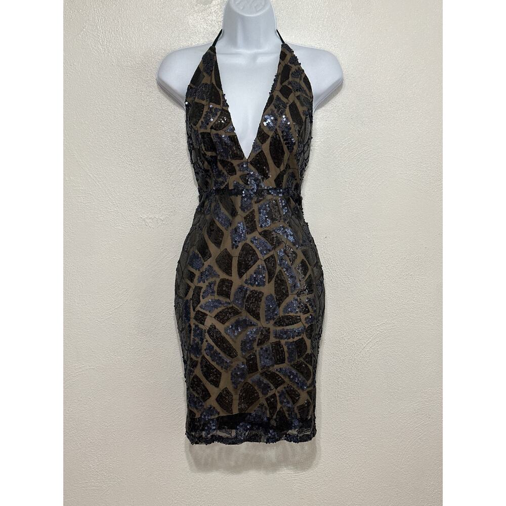 Rubber Duckie All Over Sequined Halter Open Back Dress S Black Evening Glam